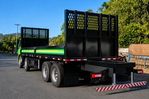 Carroceria Transtora preta e verde para transporte de toras